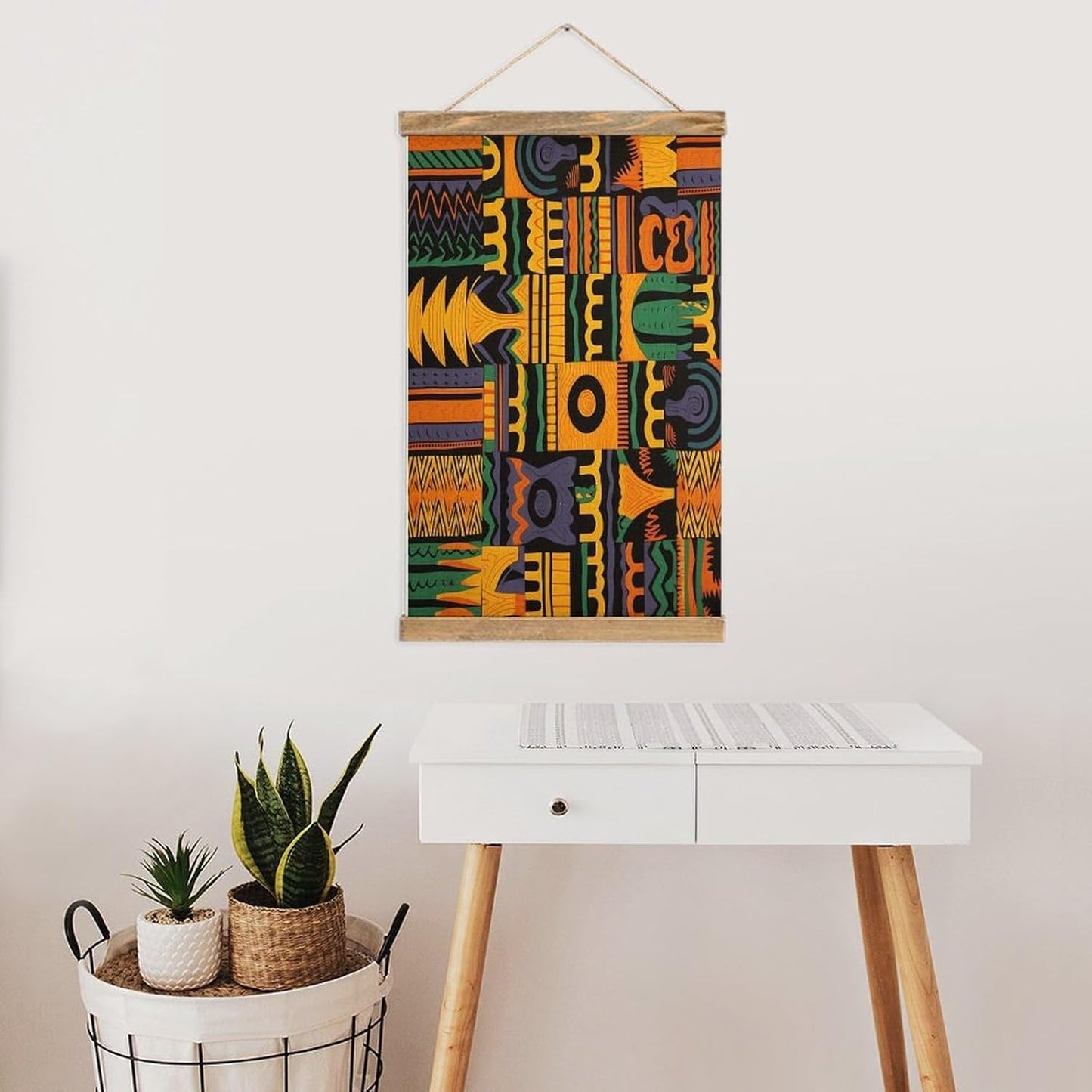 Vintage African Ethnic Pattern Poster with Wooden Frame Personalized Linen Hanging Scroll Painting Rustic Wall Hanging Illustrative Modern Artwork Decor for Home Living Room Bedroom Office