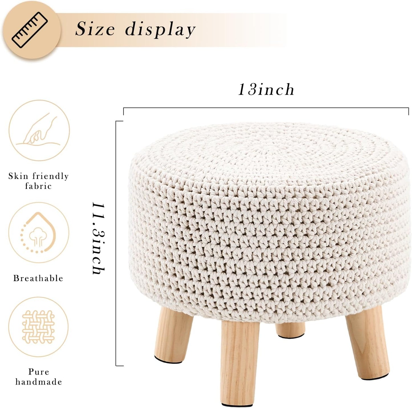 Boho Ottoman Foot Stool Cotton Knitted Round Pouf Ottoman Foot Rest Stool with Non-Skid Wooden Legs Step Stool Padded Seat for Living Room White
