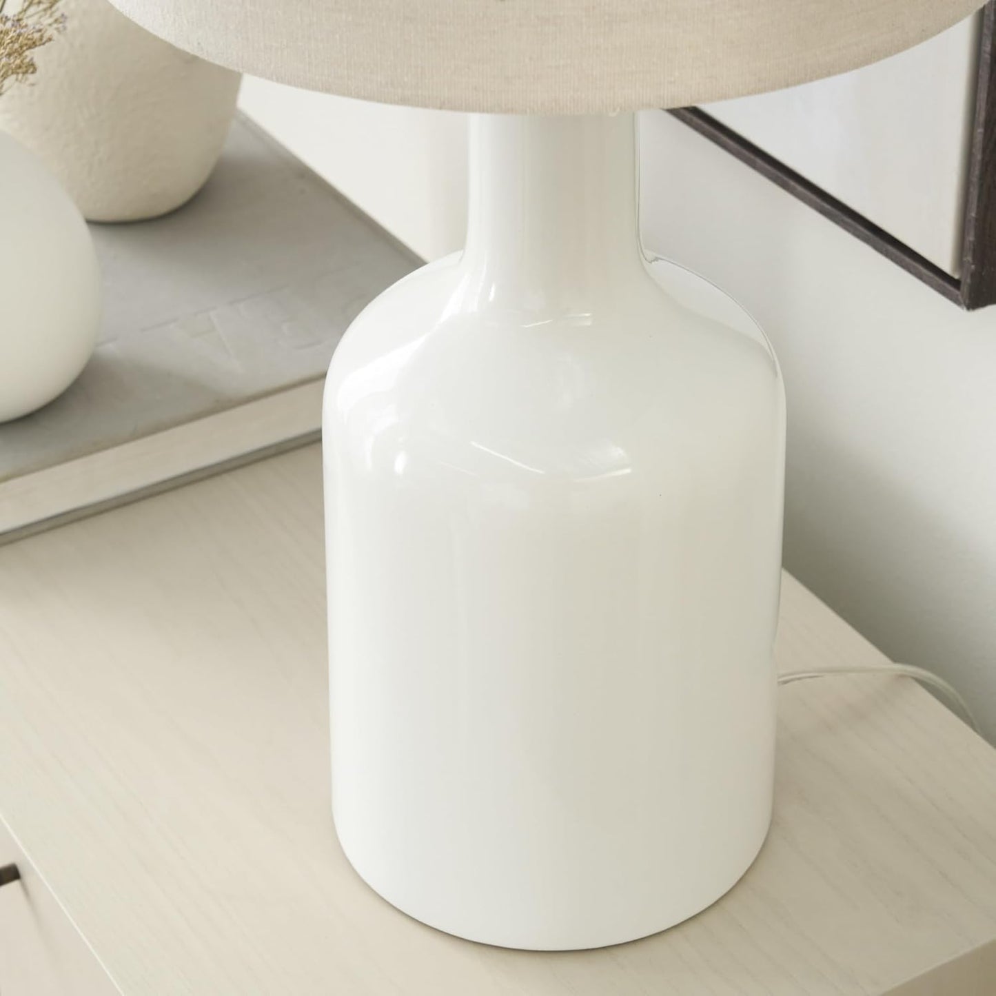 Nourison Home 22" Glossy White Ceramic Table Lamp for Modern, Transitional, Bedside Table, Living Room, Dining, Entryway