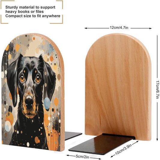 Colorful Polka Dots and Dog Bookend for Shelves Wooden Book End Large Size Sturdy Book Holders Stoppers with Metal Base for Bookshelves Slick Decorative Bookends Stands