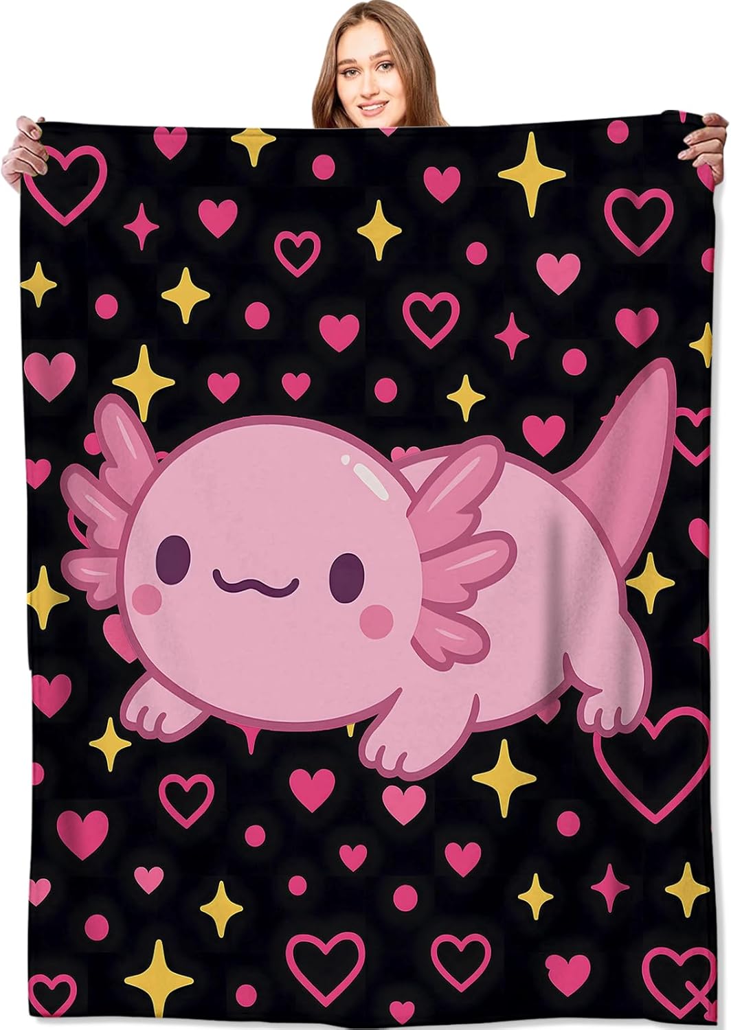 Cute Axolotl Blanket,60x80in,Pink Animal with Heart and Star on Black Background Throw Blankets,Gifts for Kids Girls Women, Lightweight Soft Fleece Cozy,for Sofa Couch Bed Room Travel Decor