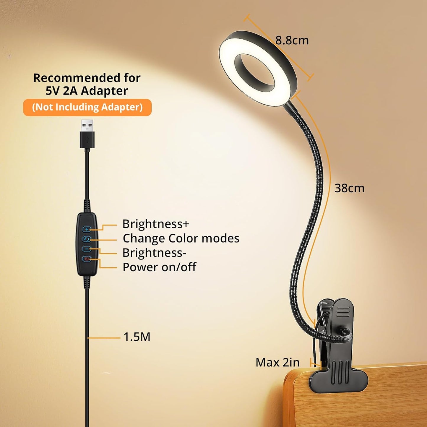 Desk Lamp Clip Light, 10 Dimmable Brightness 3 Light Modes Reading Light, Clamp Bedside Lamp for Painting, Craft, Study (Black)