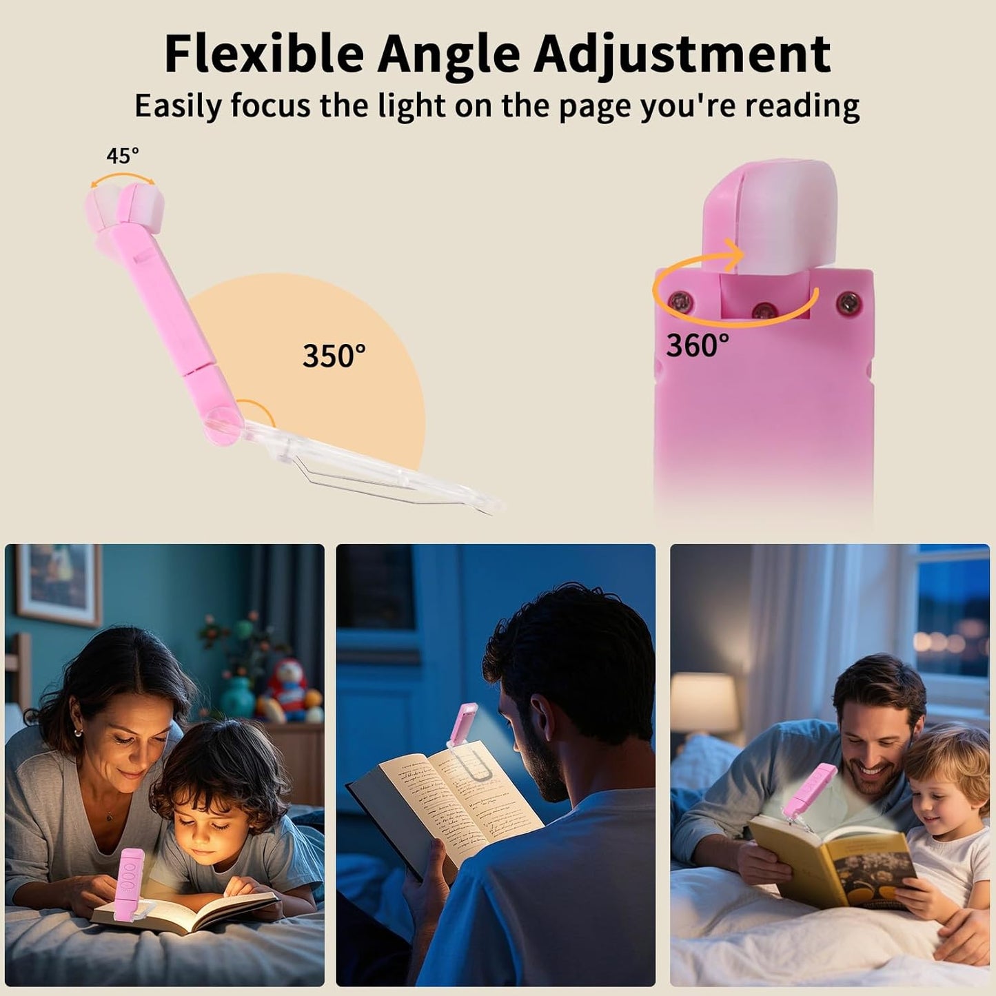 Clip On Book Light, USB Rechargeable Reading Light with 3 Color Modes, 5 Brightness Levels, Flexible Clamp Arm for Bed and Travel(Pink, Clip On)