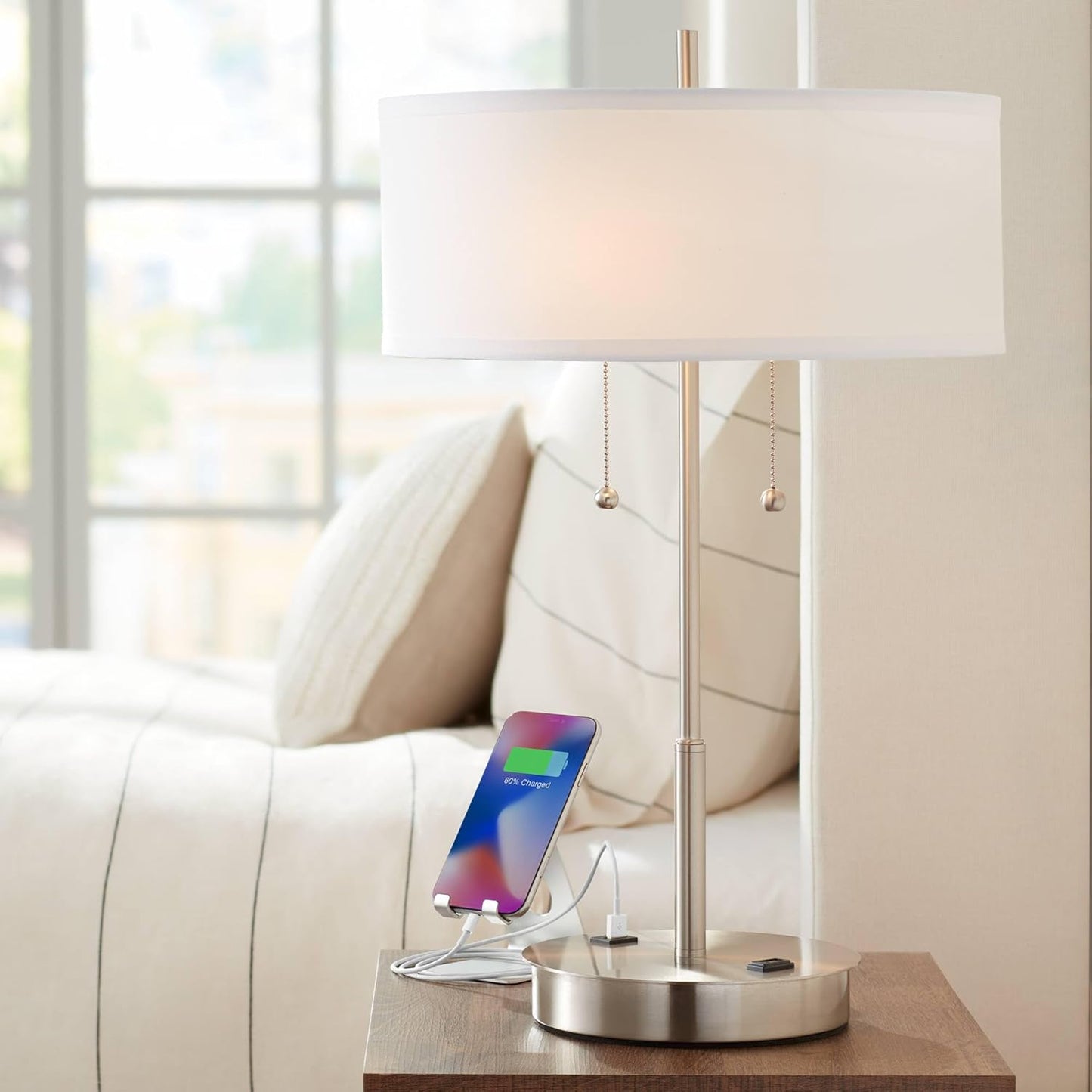 360 Lighting Nikola 23.75" High Modern Accent Table Lamp with USB Charging Ports A+C and AC Power Outlet Hotel Style Silver White Drum Shade Living Room Desk Bedroom House Bedside Nightstand Home