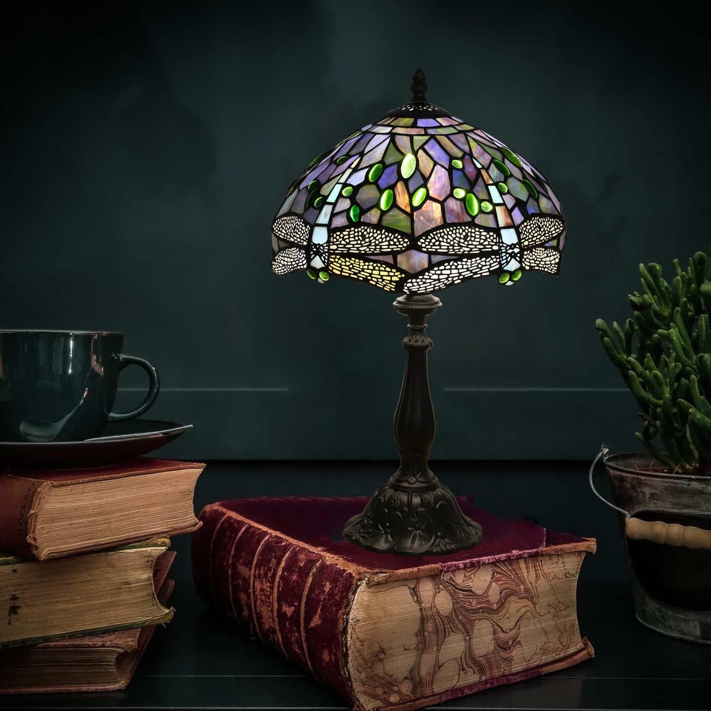 Tiffany Table Lamp Blue Dragonfly Stained Glass Table Lamps for Bedroom 12X12X19Inch 3 Way Color Temperatures Bedside Nightstand Home Office Desk Lamp Reading Lights with E26 LED Bulb