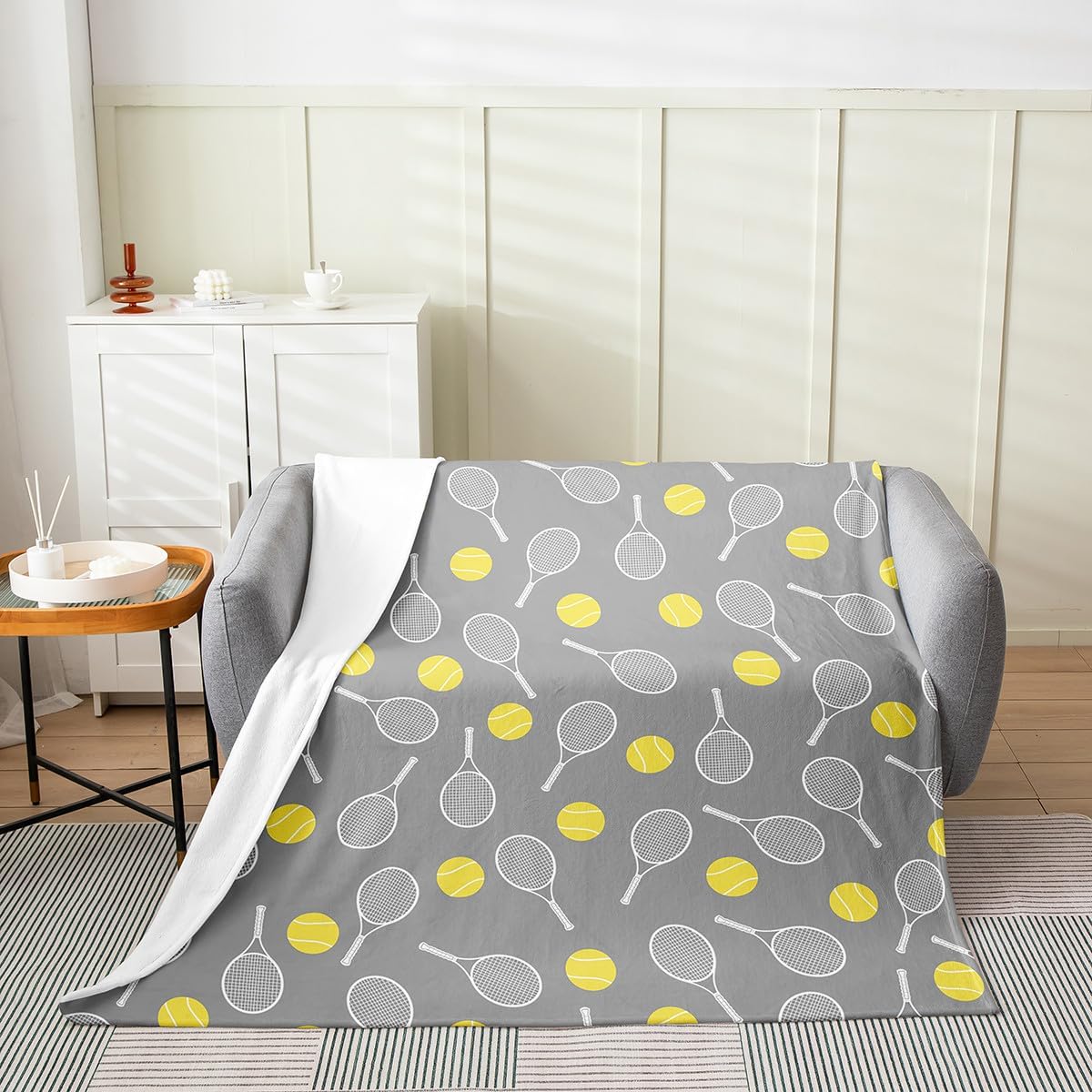 Erosebridal Tennis Sports Gray Ball Games Soft Fleece Throw Blanket 40x50 for Boys Girls Tennis Lover, Kids Racket Flannel Blanket for Sofa Bed Chairs, Cartoon Activity All Seasons Room Decor