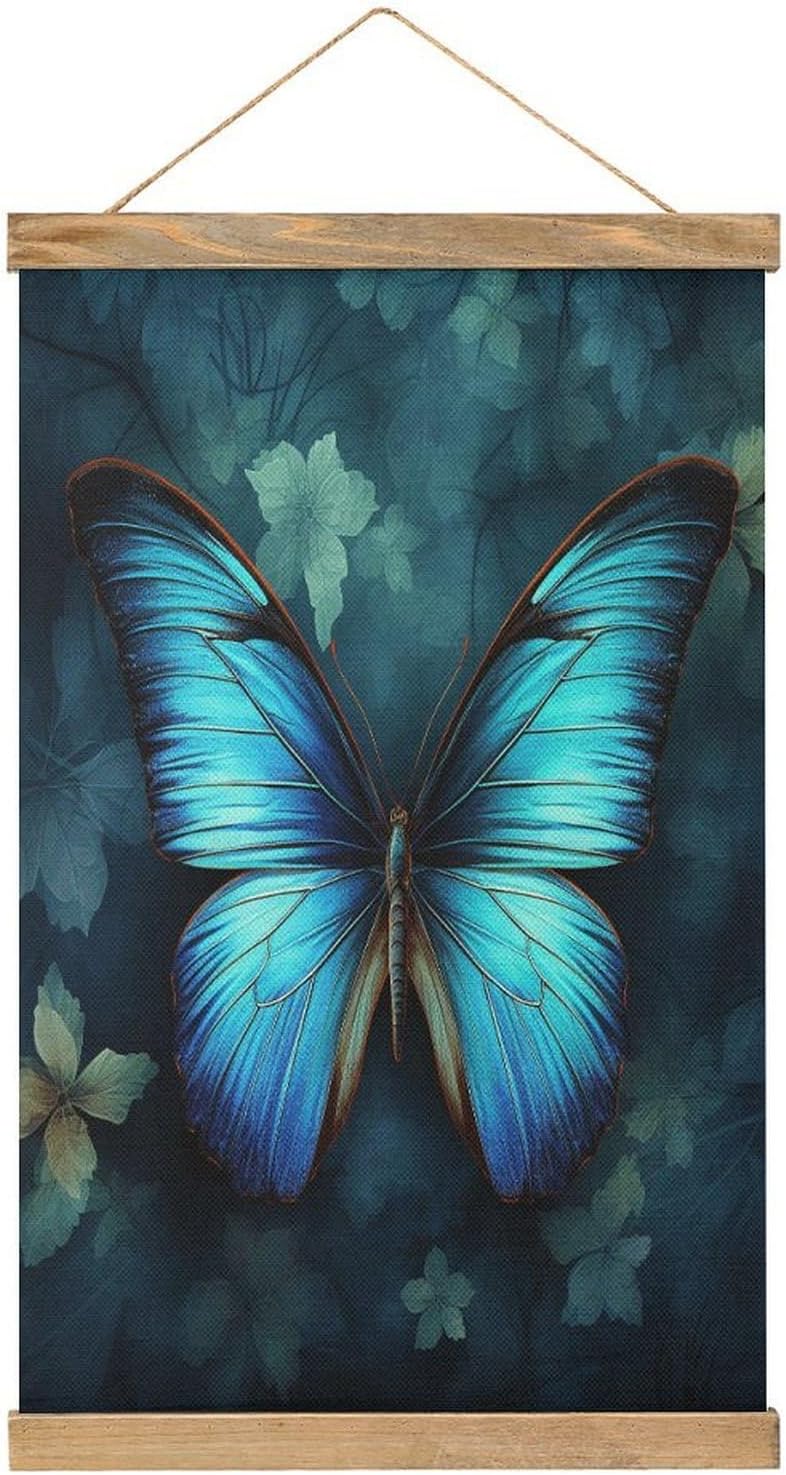 Vintage Blue Butterfly Pattern Poster with Wooden Frame Personalized Linen Hanging Scroll Painting Rustic Wall Hanging Illustrative Modern Artwork Decor for Home Living Room Bedroom Office