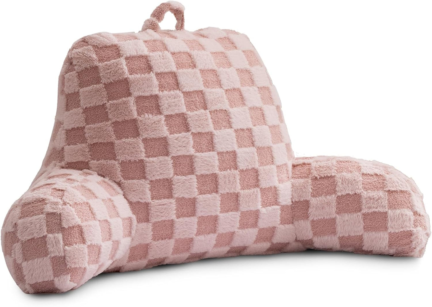 Holawakaka Checkered Reading Pillow for Sitting up in Bed Sofa Kids Teens, Backrest Pillow with Arms for Boys Girls Women Petites Pregnancy, Back Support Cushion for Couch Floor Nursery Playroom,Pink