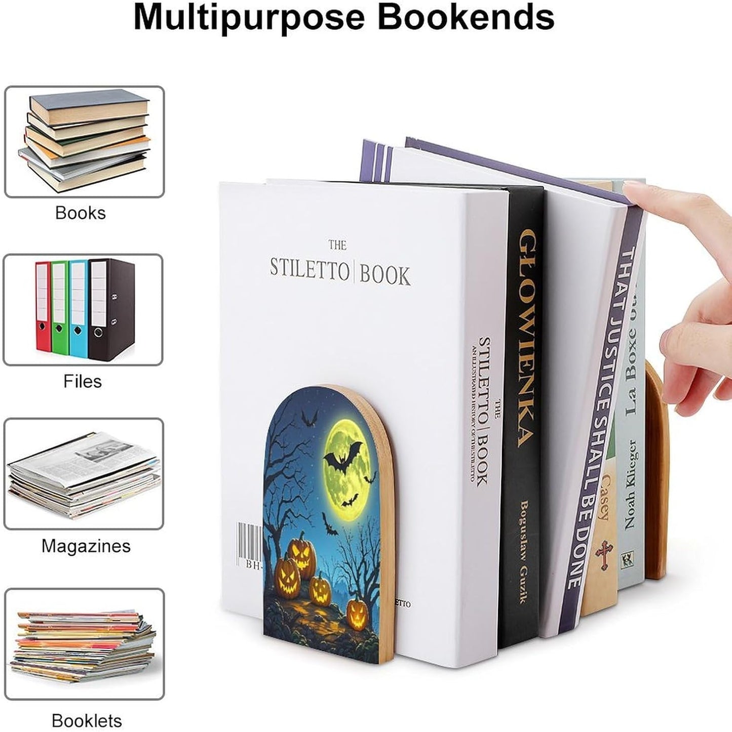 Strange Night Bookends 1 Pair Heavy Duty Book Ends for Shelves Non-Skid Bookend Supports Wooden Book Holders with Metal Base Desk Organizers Books Storage to Hold Books