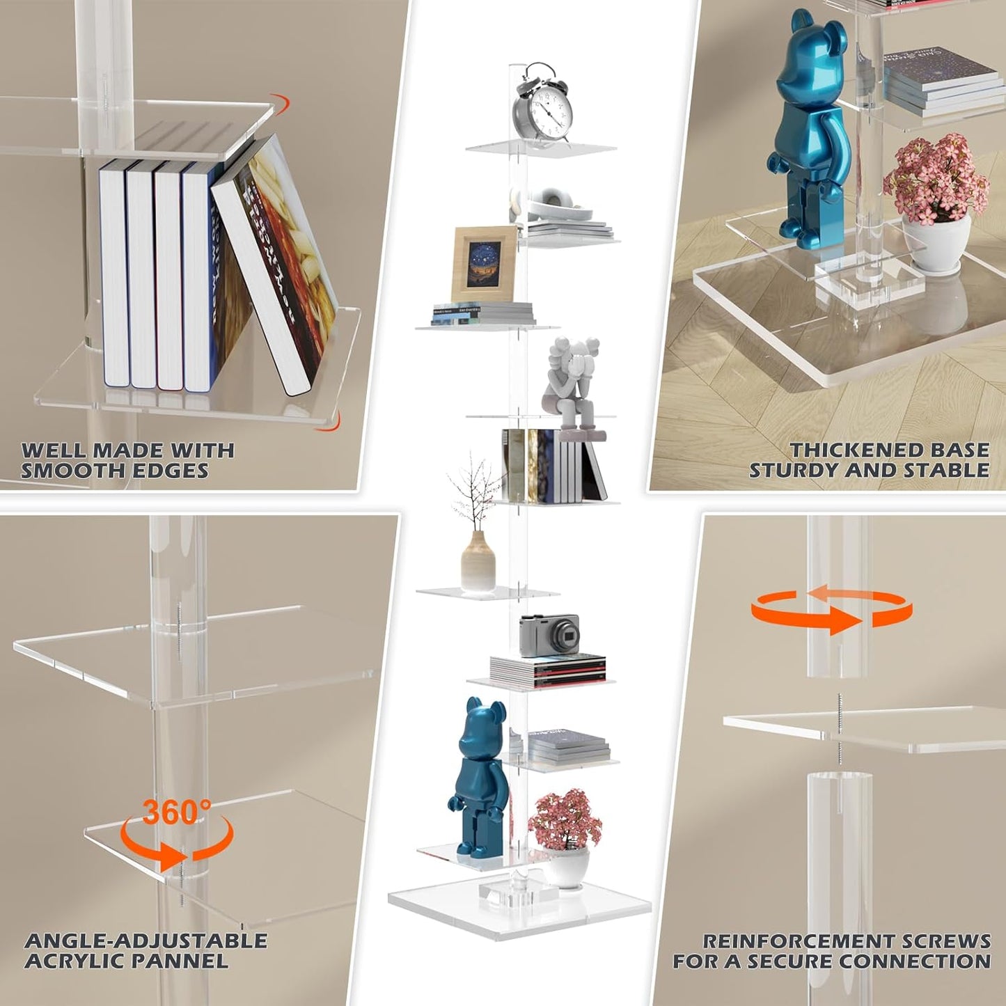 Nynelly 9 Tier Acrylic Bookshelf Invisible Bookshelf, Height Adjustable Vertical Spine Book Tower, Floor Standing Bookcase Display Shelf for Books,Decor, DIY Open Bookcase for Office, Living Room