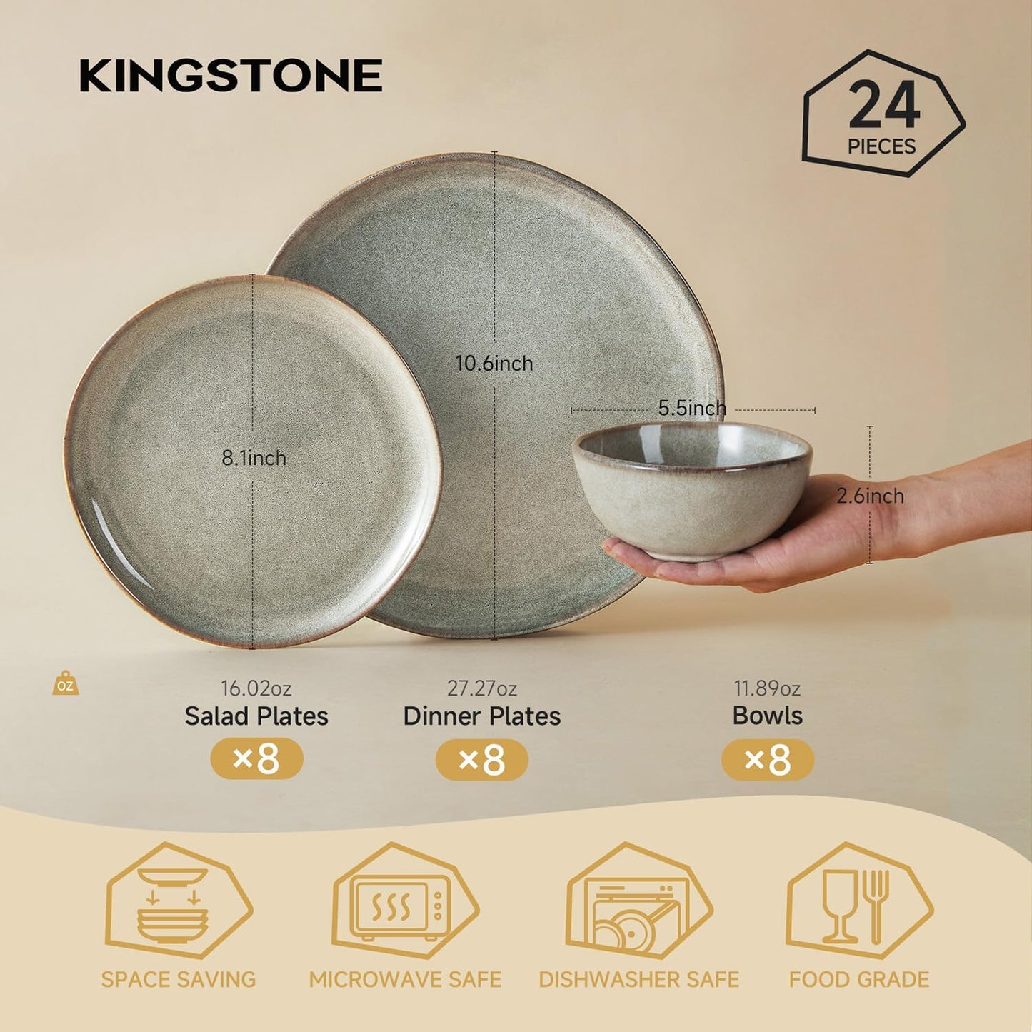 KINGSTONE Stoneware Dinnerware Sets, 24-Piece Reactive Glaze Porcelain Plates and Bowls Sets for 8, Handcrafted Rustic Ceramic Dishes Set, Highly Scratch Resistant, Dishwasher & Microwave Safe, Grey