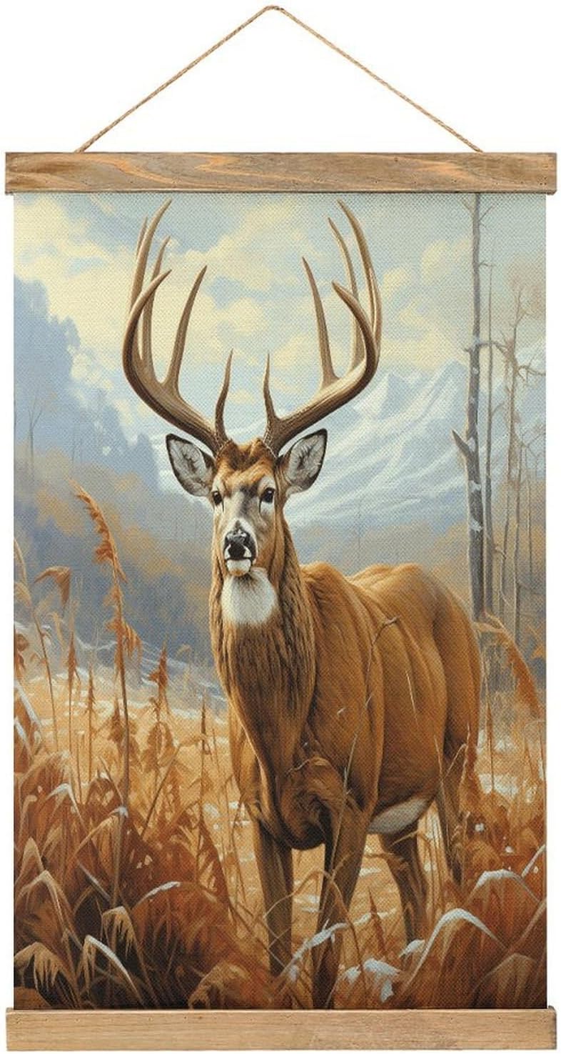 Vintage Buck Deer Poster with Wooden Frame Personalized Linen Hanging Scroll Painting Rustic Wall Hanging Illustrative Modern Artwork Decor for Home Living Room Bedroom Office