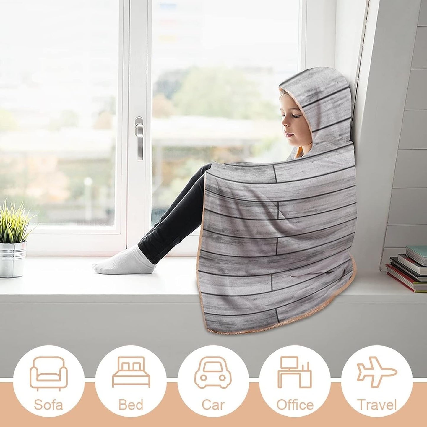 Throw Blankets, Taupe Women Men Hooded Blanket, Picture of Parquet Grey Wood Texture Rusty, Soft Warm Cozy, 60 x 80inches, Studying Reading Snuggling Napping Office, Taupe Grey