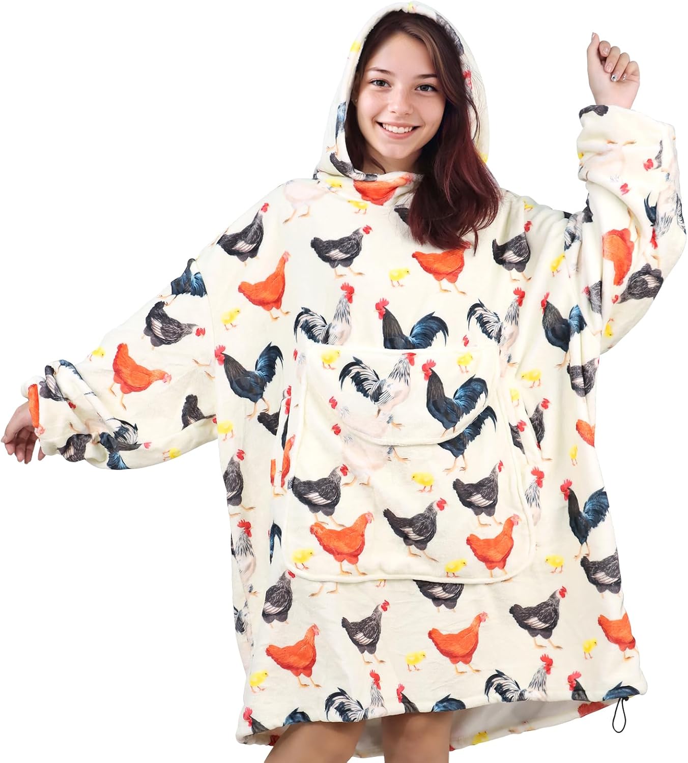 Chicken Wearable Blanket Hoodie for Women - Funny Hooded Blanket with Oversized Pocket - Chicken Decor Gifts for Women Cozy Cute Sweatshirt Blanket with Sleeves Rooster Birthday Gifts for Mom