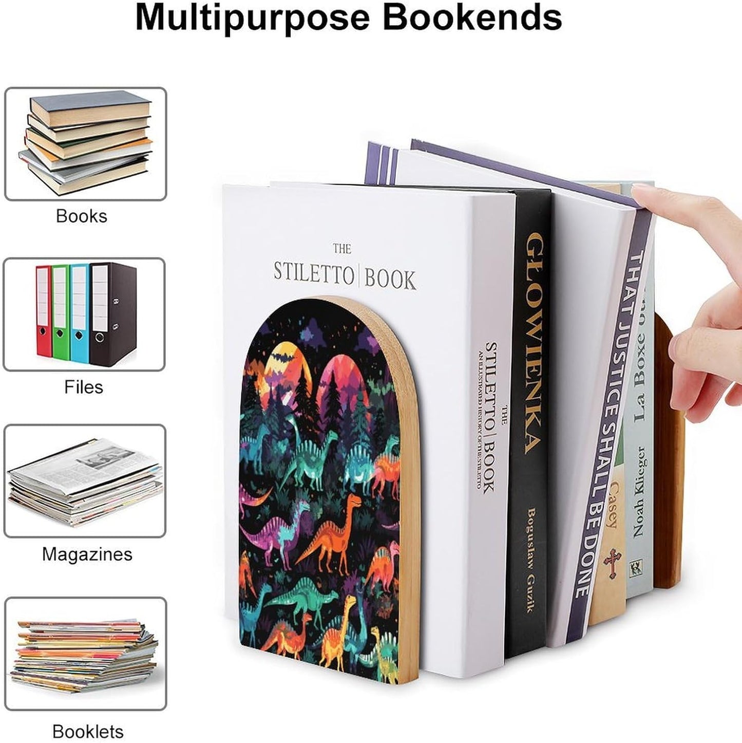 Non-Slip Bookend for Shelves Colorful Dinosaurs on Black Background Wooden Bookends with Metal Base Decorative Book Stopper for Home Heavy Duty Wood Book Storage for Books/CDs