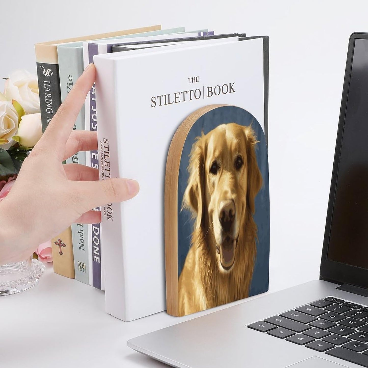 Non-Slip Bookend for Shelves Golden Dog Wooden Bookends with Metal Base Decorative Book Stopper for Home Heavy Duty Wood Book Storage for Books/CDs