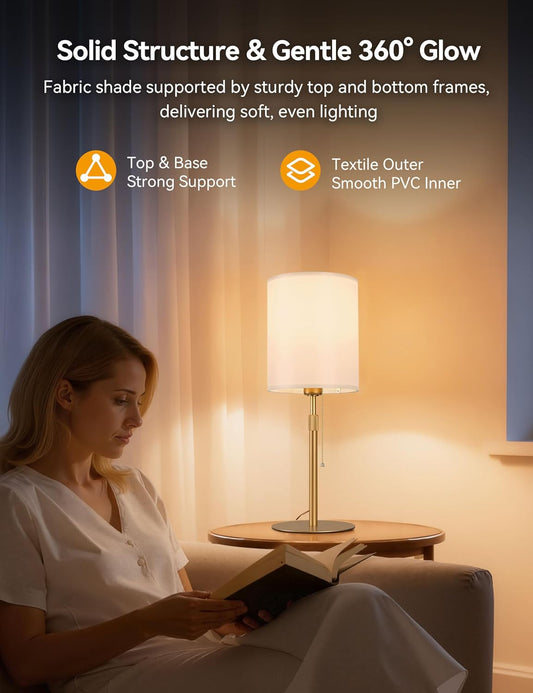 Tubicen Gold Table Lamp Plug in with Pull Chain 23.6" H Tall Thin Bedside Lamps with Small Fabric Shade Base Dimmable Modern Adjustable Height Table Lamps for Living Room Bedroom Office