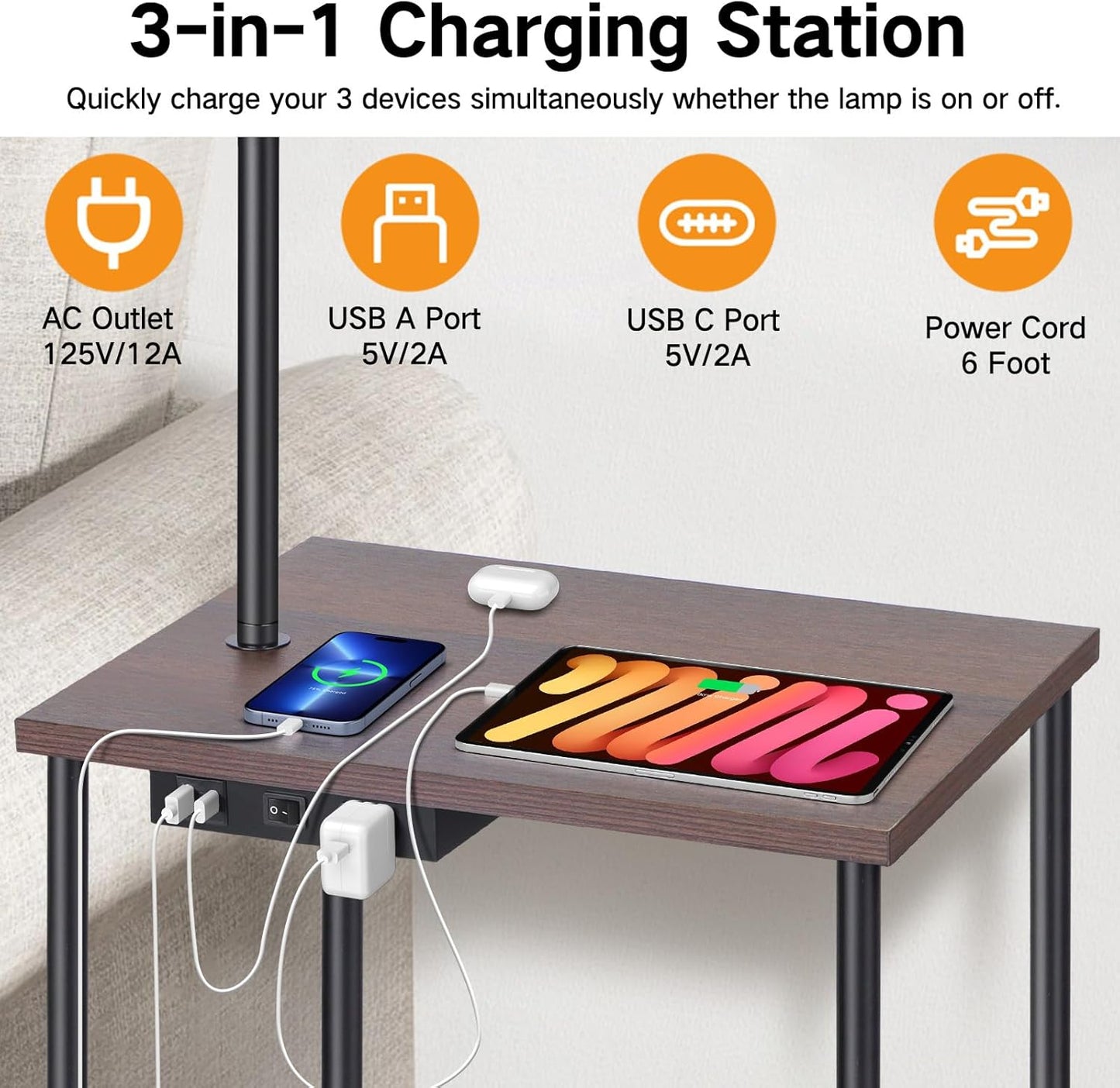 OUTON Floor Lamp with Table, End Table with Lamp Attached for Bedroom, Type C Charging Port, AC Outlet, Side Table with Lamp for Living Room, Nightstand with Remote Control, Dimmer & 4 Color