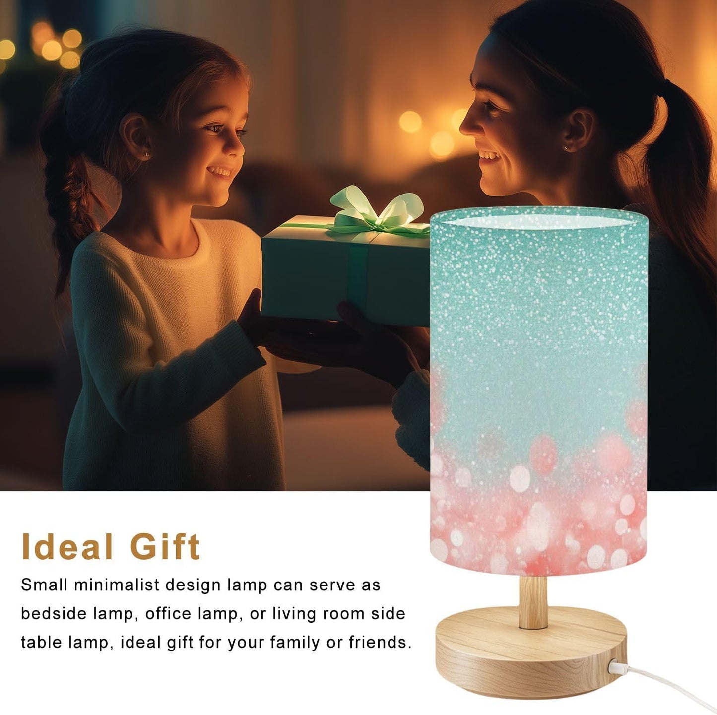 Bedside Table Lamp Fancy Teal Green Glitter Coral Pink Peach Sparkle Turquoise 16-Way Dimmable Small Desk Lamp with Round Flaxen Fabric Shade for Nightstand Bedroom Living Room Home Decor