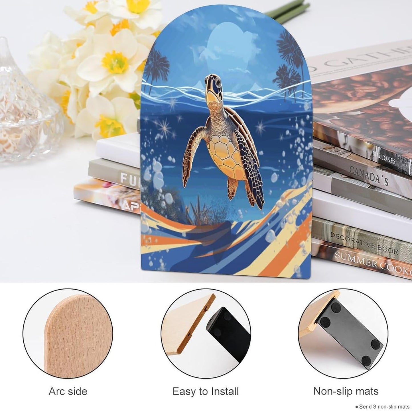 Ocean Turtle on The Beach Bookend for Shelves Wooden Book End Large Size Sturdy Book Holders Stoppers with Metal Base for Bookshelves Slick Decorative Bookends Stands
