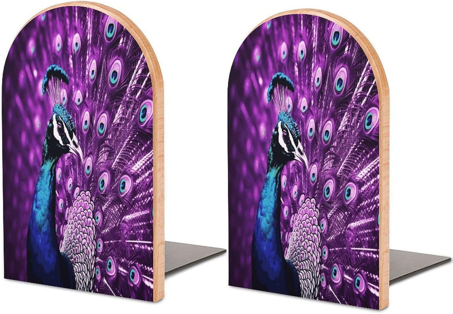 Purple Peacock Bookends 1 Pair Heavy Duty Book Ends for Shelves Non-Skid Bookend Supports Wooden Book Holders with Metal Base Desk Organizers Books Storage to Hold Books