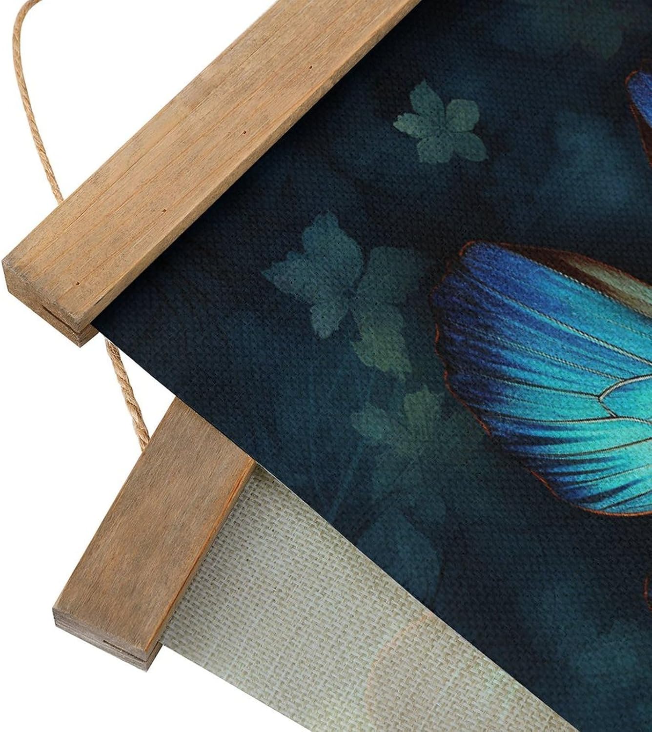 Vintage Blue Butterfly Pattern Poster with Wooden Frame Personalized Linen Hanging Scroll Painting Rustic Wall Hanging Illustrative Modern Artwork Decor for Home Living Room Bedroom Office
