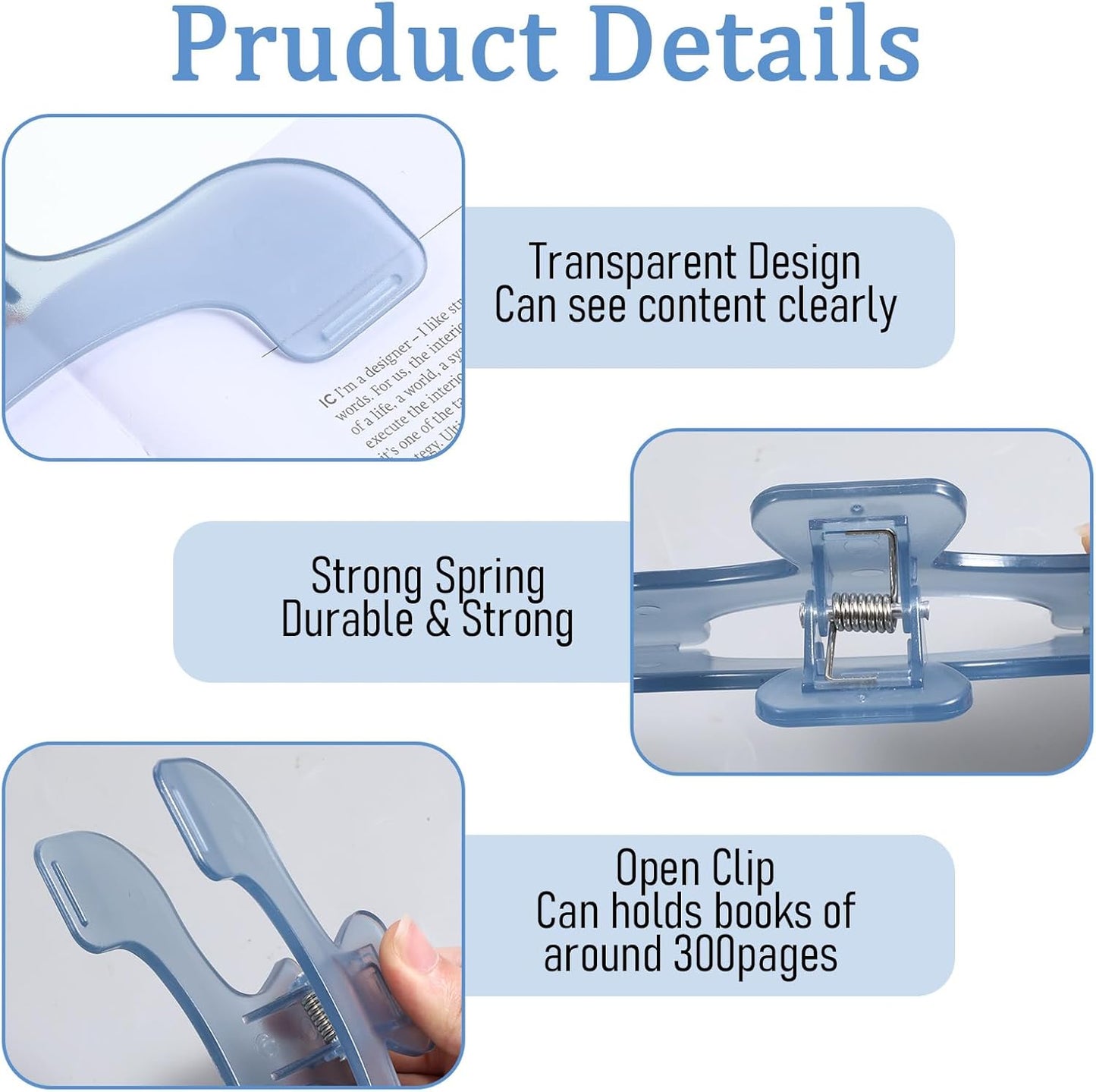 2PCS Journal Clip - Transparent & Blue Book Page Holder for Reading, Portable Journal Clips to Hold Open, Multifunctional Book Opener Holder, Books Reading Accessories for Teacher Clerk(Blue)