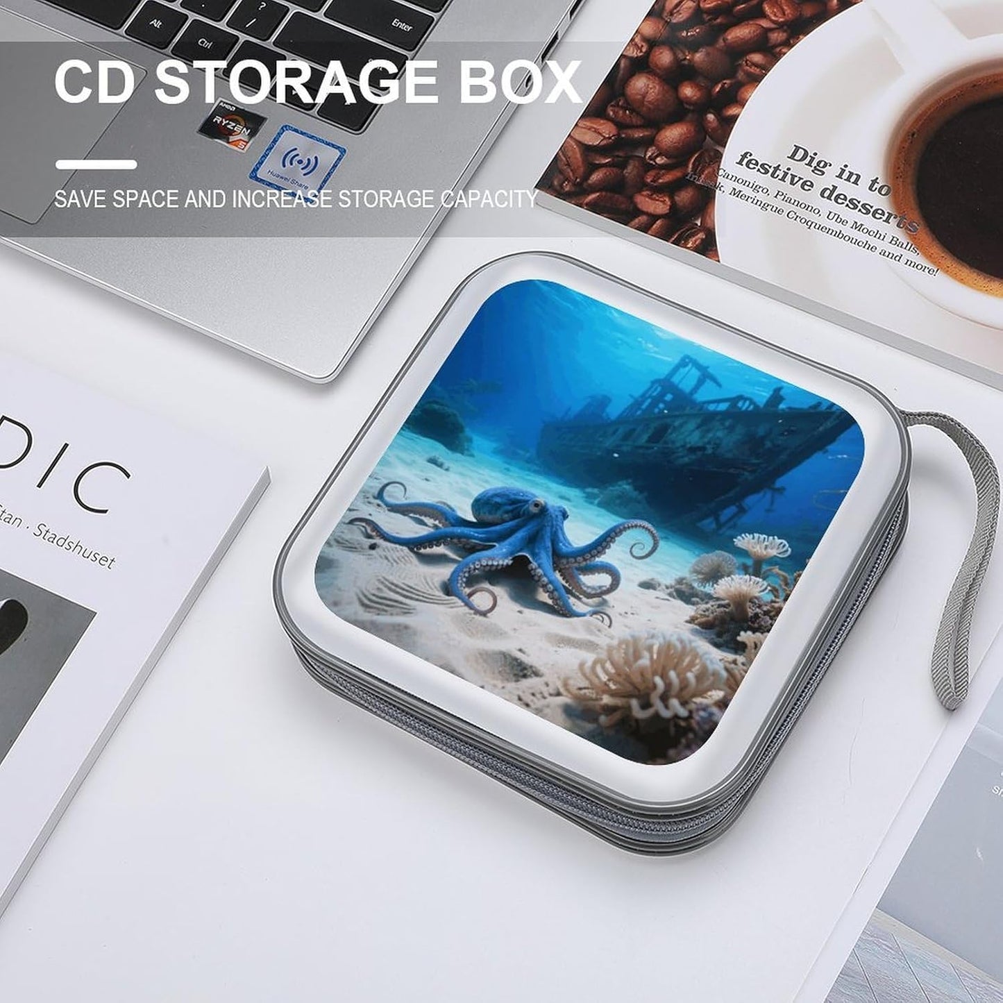 Octopus And Ship CD Case Portable Zipper CD Case 40 Capacity Hard Plastic DVD Cases Holder Large Storage Disc Wallet Bag for Car Home Travel DVD Collection Bag