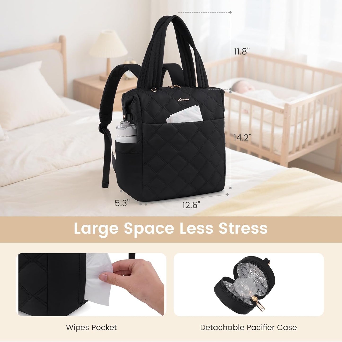 LOVEVOOK Diaper Bag Backpack,Diaper Bag Tote for Mom Dad with Changing Pad,Insulated Pockets, Convertible Lightweight Mom Backpack with Pacifier Case（Black）