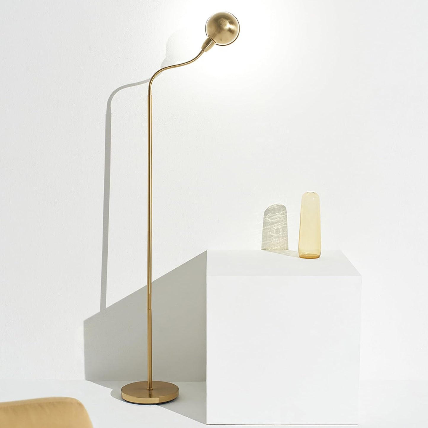 Brightech Regent LED Floor Lamp, Free Standing Corner Pole Light with Adjustable Gooseneck, Tall Bright Skinny Lamp for Office Desk, Living Room Sofa or Chair - Brass/Gold