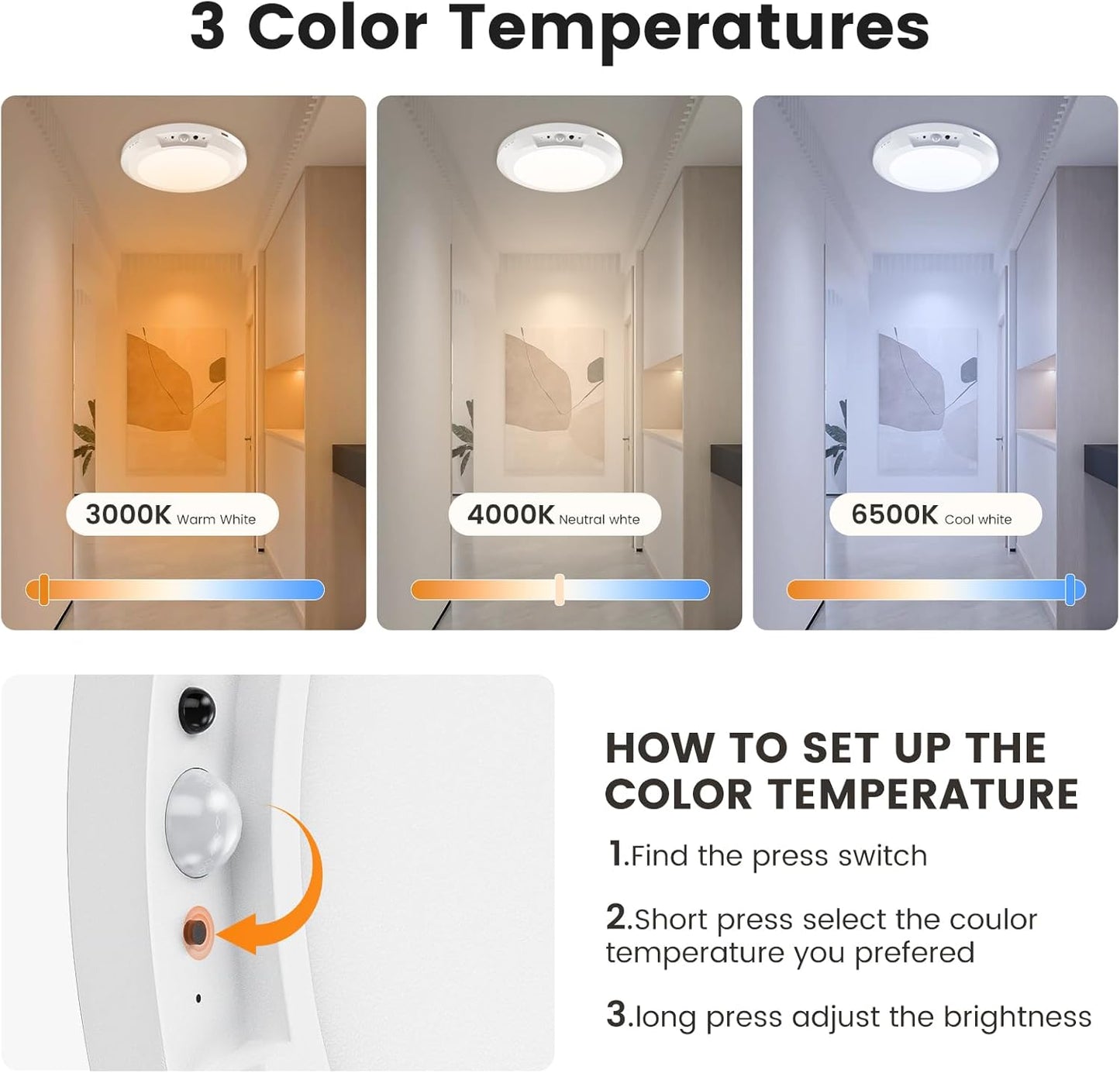 Motion Sensor Ceiling Light,Cordless Closet Light Battery Operated,3 Color Temperatures,Remote Control,Rechargeable Magnetic Mount LED Shower Lights for pantry,Stairs,Garage,Hallway (White 1 pack)