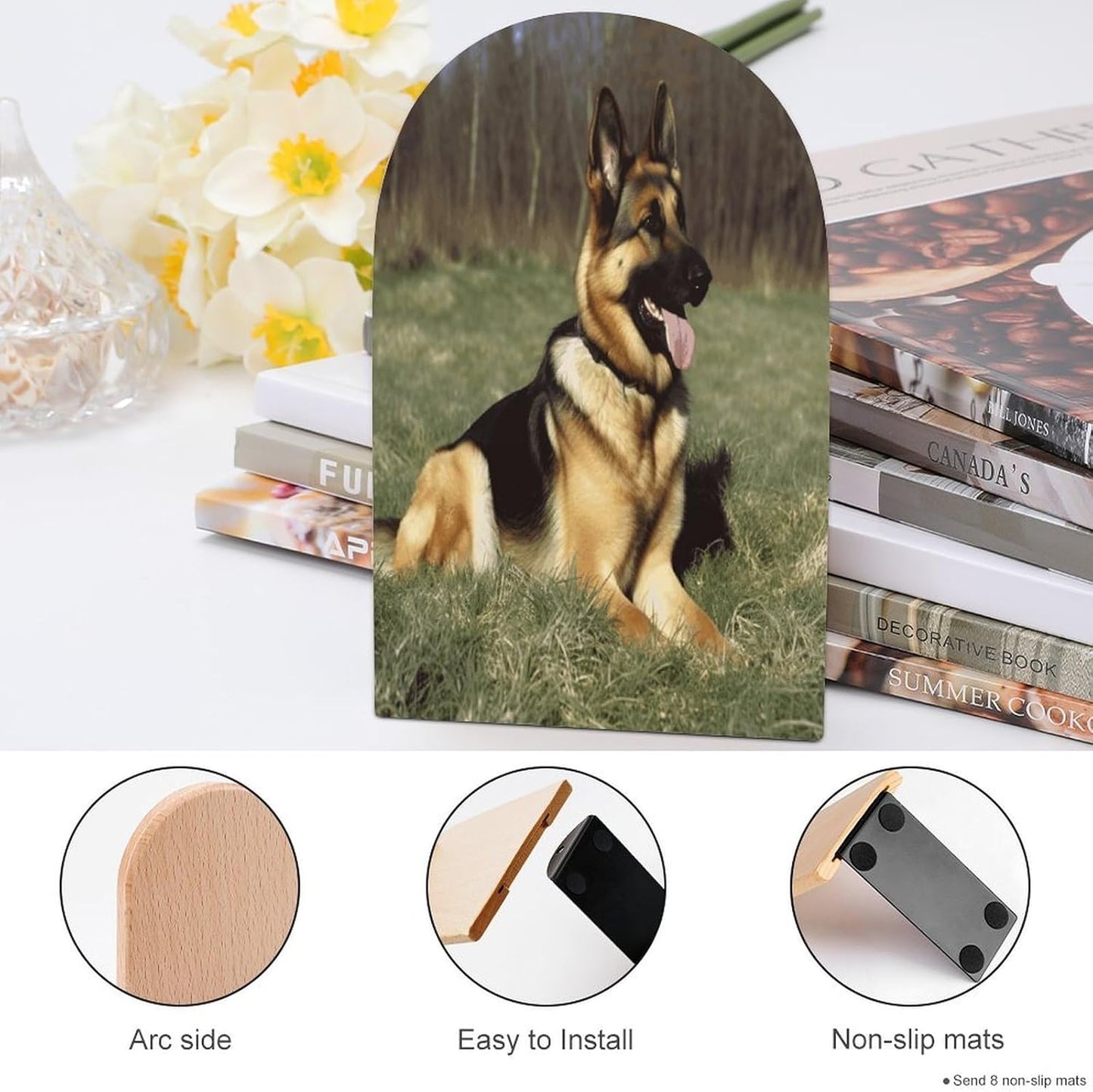 German Shepherd Dog Bookend for Shelves Wooden Book End Large Size Sturdy Book Holders Stoppers with Metal Base for Bookshelves Slick Decorative Bookends Stands