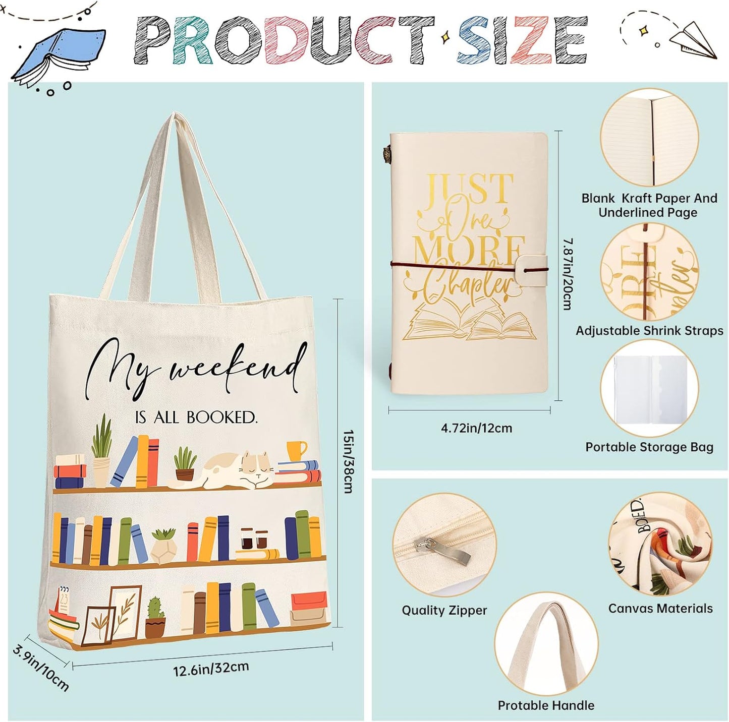 Fuutreo Book Lovers Gift Sets Include 20 oz Stainless Steel Tumbler Cup with Lid Library Canvas Tote Bag Leather Journals with Inspirational Words Books Club Gifts for Book Lovers' Day Reader