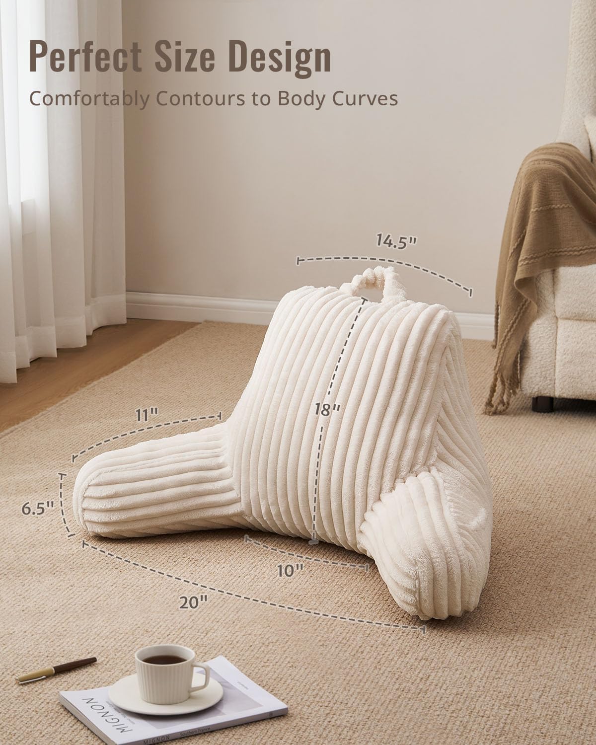 Blissful Diary Reading Pillow for Sitting in Bed, Flannel Back Pillow Bed Sitting Up for Adult & Children, Backrest Cushion for Sit Up in Couch or Floor, Dorm Essentials, Cream White