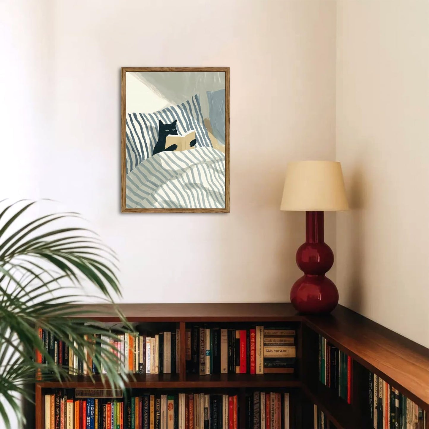 Funny Black Cat Wall Art Painting, Whimsical Cat in Stripe Bed Reading Wall Decor, Cute Animal Book Lover Blue and White Poster Canvas Prints for Bedroom Living Room 16x24 inch Wood Framed