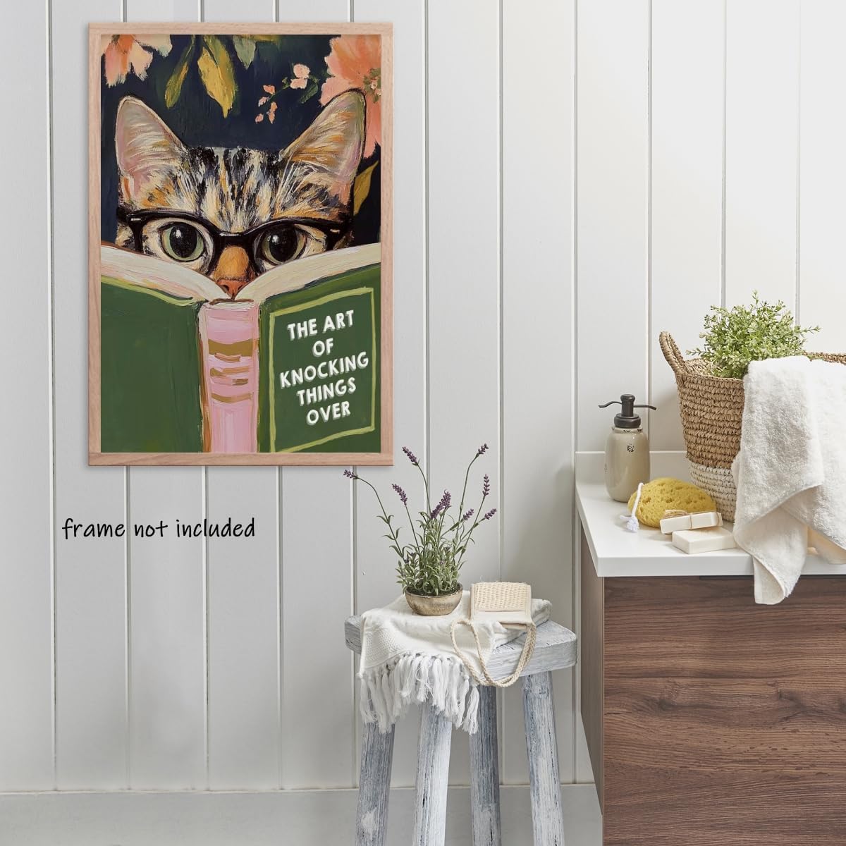 WLZWD Funny Cat Reading Book Wall Art Poster Retro Floral Aesthetic Reading nook office decor Green Pink Humorous Bathroom decor Prints for Bedroom Living Office Unframed8x10inch