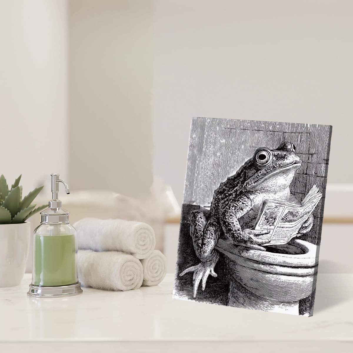 Funny Retro Toad Bathroom Wall Art Toad Reading Newspaper on Toilet Canvas Print Poster Funny Animal Bathroom Wall Decor 8x10 Inch Framed
