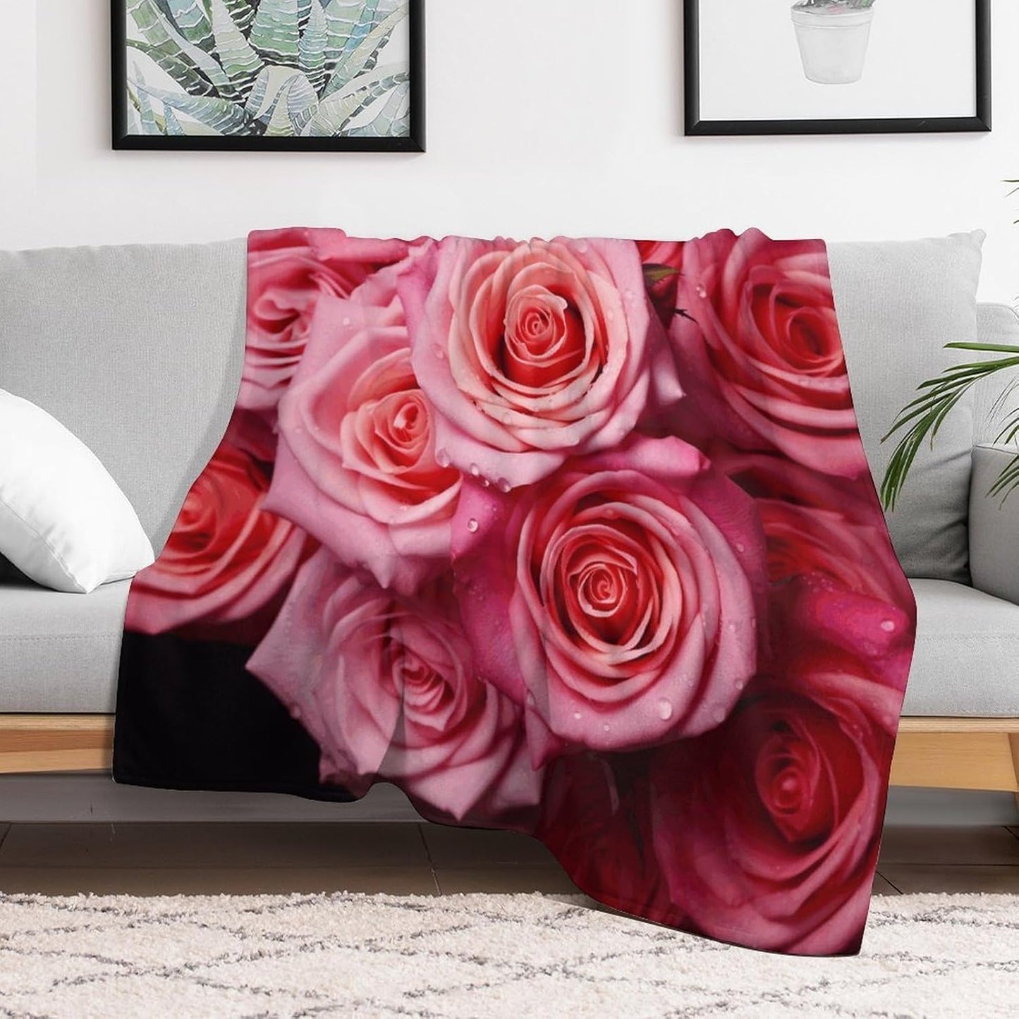 Elegant Rose Flower Throw Blanket for Couch Super Soft Warm Lightweight Throw Blankets Cozy Flannel Bed Blanket Cute Decorative Blankets for All Seasons Home Decor Gift 40"*50" （100 * 130cm）