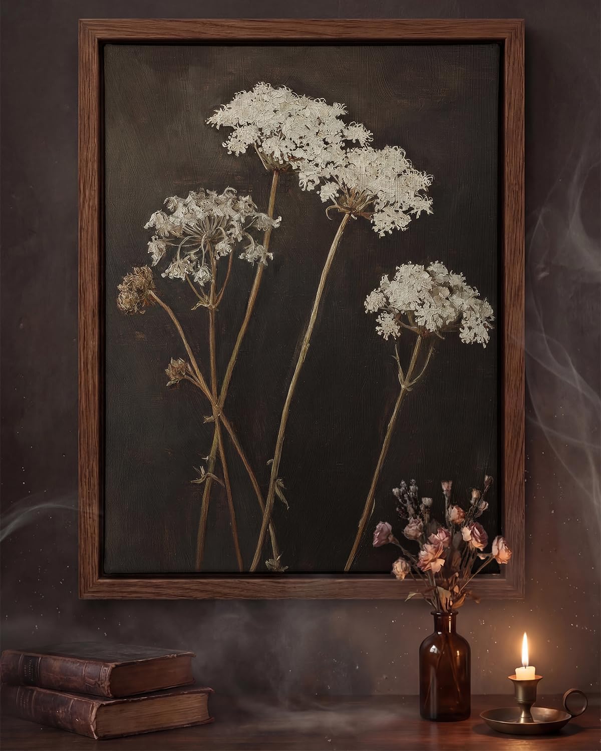 Vintage Framed Wall Art 12x16 Inch – Moody Botanical Still Life Artwork with White Dried Wildflower Oil Painting – Dark Academia Rustic Floral Wall Decor for Bedroom, Living Room