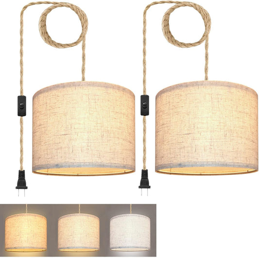 Plug in Pendant Light, Hanging Lights with Plug in Cord, Hanging Lamp with 15ft Hemp Rope, On/Off Switch, Beige Linen Shade, Light Fixture for Bedroom, Living Room, Dining Table 2 Pack