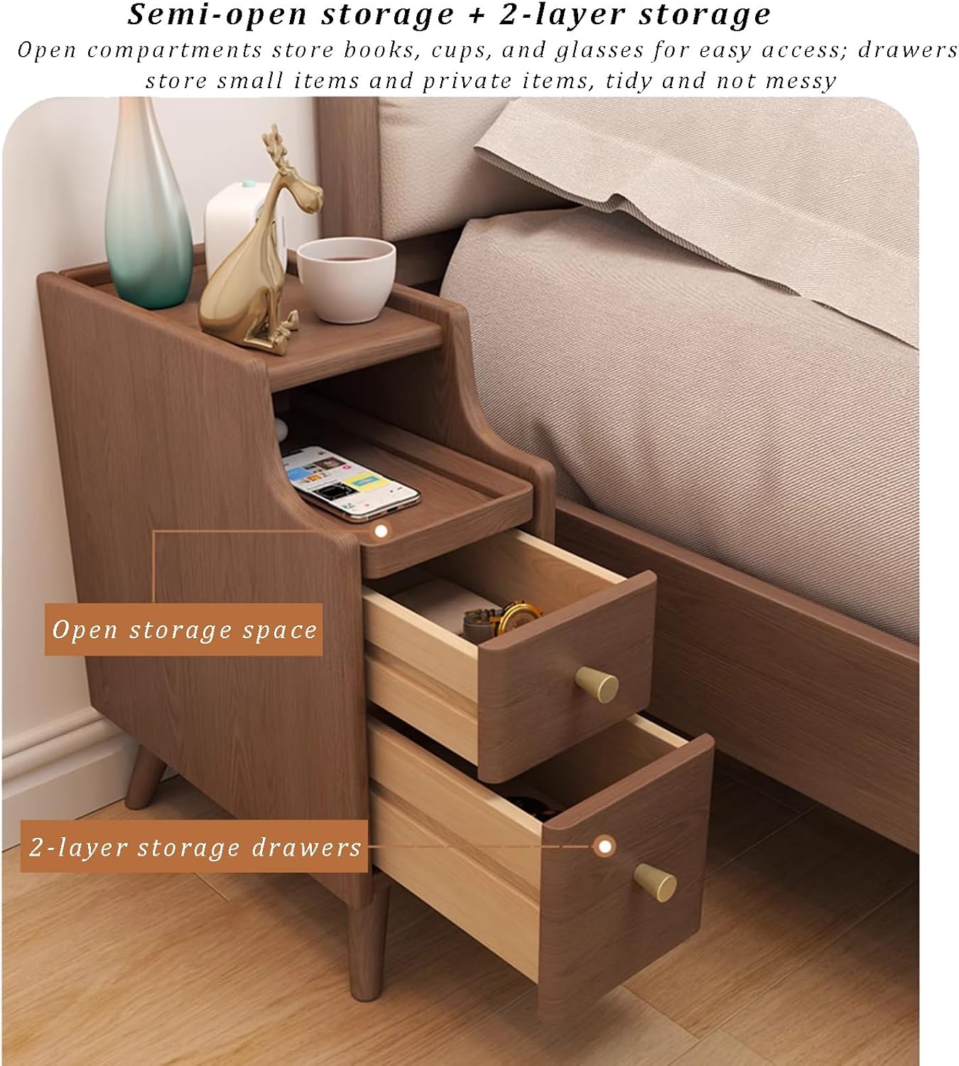 Solid Wood Nightstand with 2 Drawer, Narrow Bedside Tables with Bookshelf, Mid Century Modern Slim Skinny Side Table for Bedroom, Living Room, Small Spaces (25x40x50cm(10x16x20inch), Walnut)