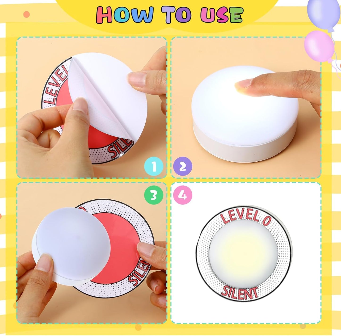 5 Pcs School Push Light and Voice Level Poster Sticker LED Tap Light Voice Chart Battery Operated Button Lights Noise Level Monitor Rules Sign for Classroom Teachers(Colorful)