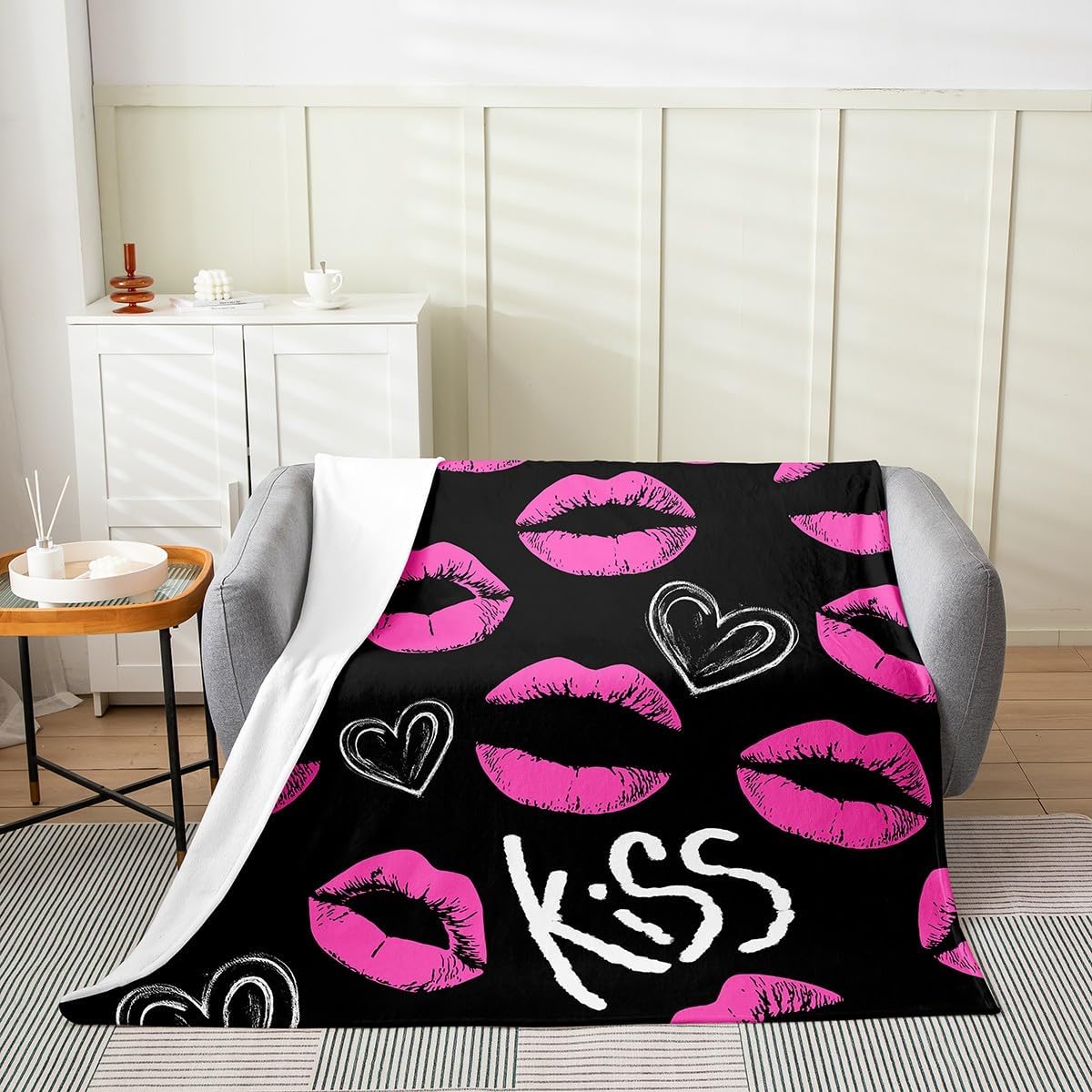 Feelyou Lip Print All Season,Bed Blanket Throw 50"x60" Love Plush Throw Blanket, for Sofa Couch Kids Women Men Ultra Soft Pink and Black Flannel Fleece Blanket Fashion Room Decor Personality Design