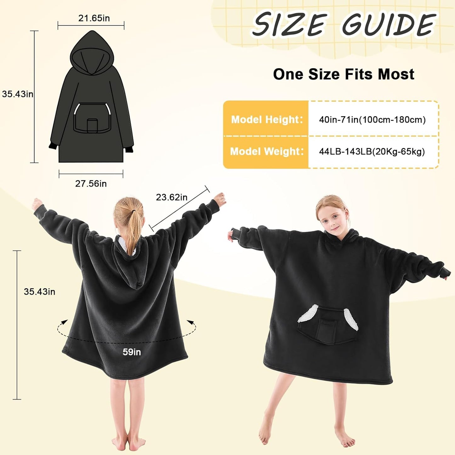 Wearable Blanket Hoodie for Kids & Teens 6-13 Year Old, Oversized Sherpa Fleece Sweatshirt with Pocket, Soft Cozy Hooded Blankets Christmas Birthday Gift for Boys and Girls, Black