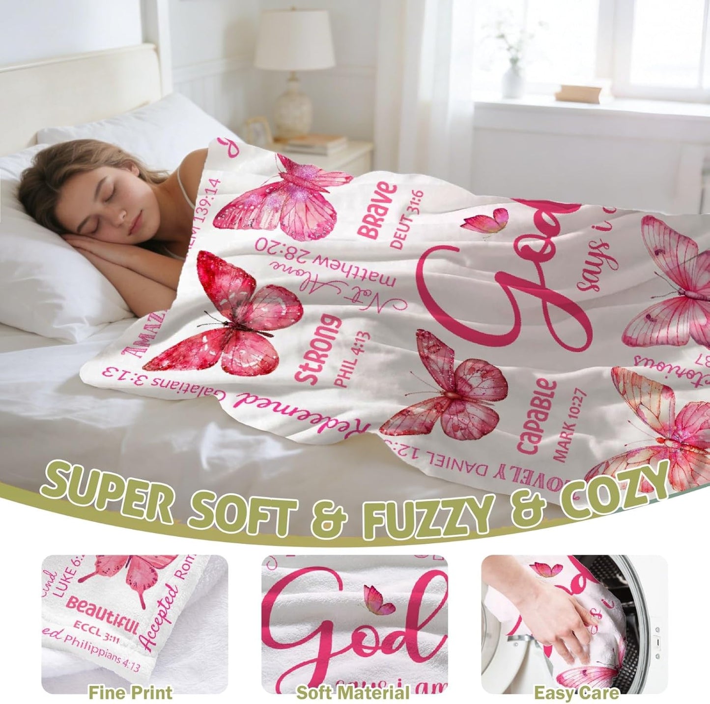 Christian Blanket, Butterfly Throw Blanket for Women Mom Girl,Catholic Gifts,Inspirational Faith Prayer Quilt with Bible Verse Scripture,Soft Flannel, Pink, 40" x 50"