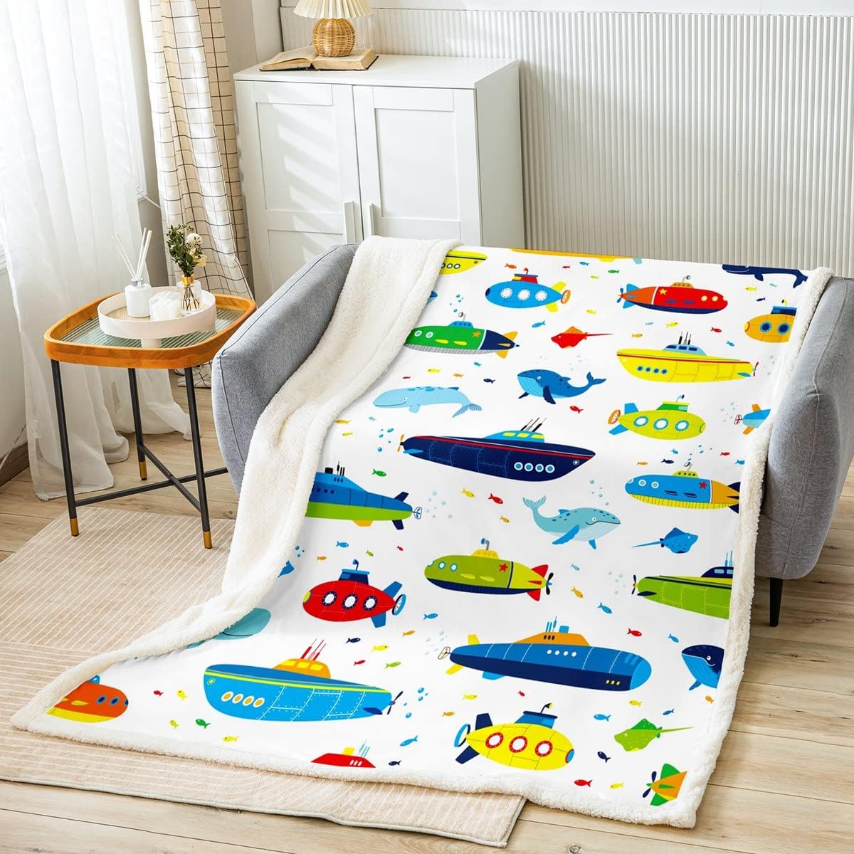 Submarines Bed Blanket Dolphin and Whale Throw Blanket Lightweight Soft Cozy Luxury Underwater World Fleece Blanket Ocean Theme Flannel Blanket for Sofa Bedroom Office Travel All Season(Twin 60"x80")