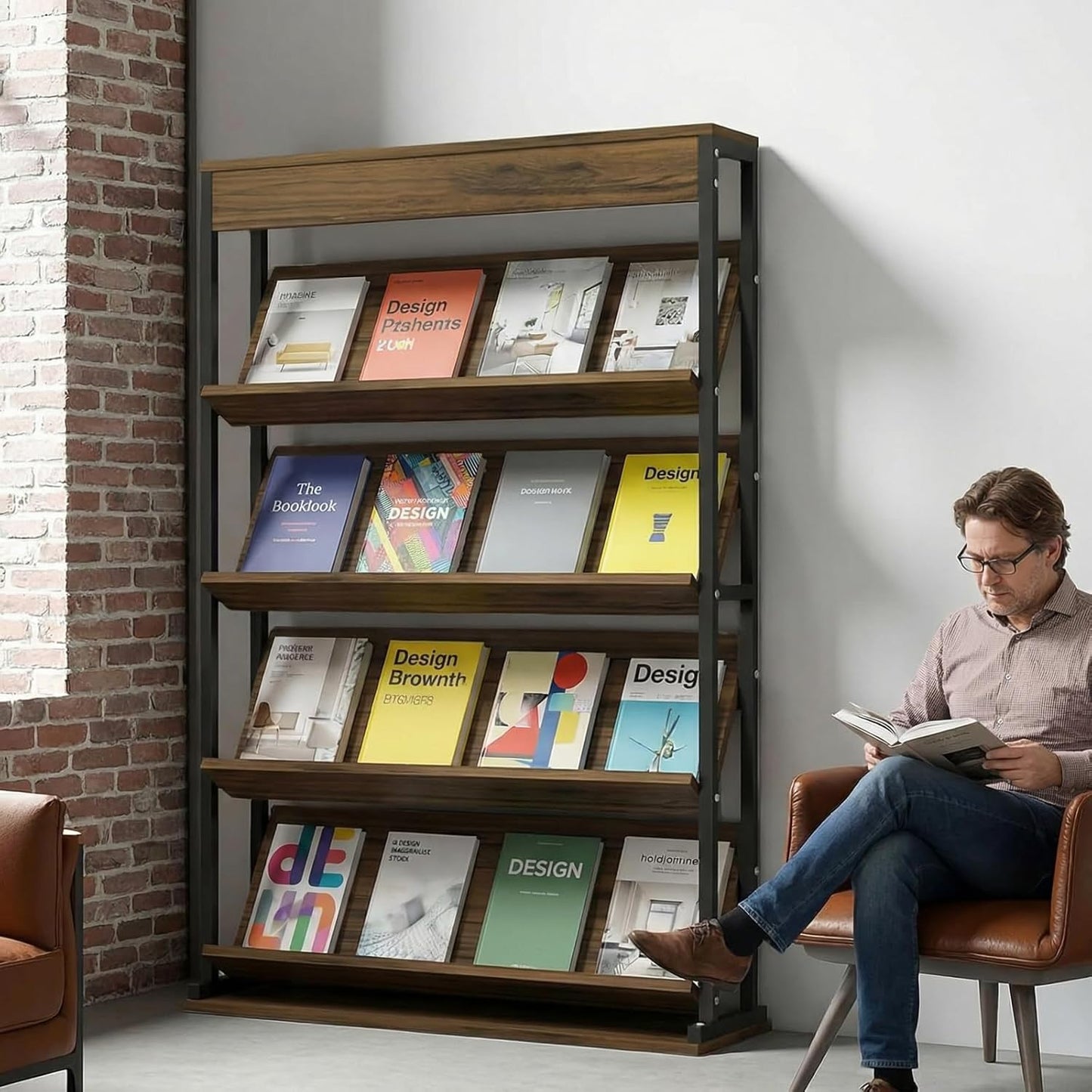 Industrial Magazine Rack,Floor-Standing Brochure Display Stand with Carbon Steel Frame, Wooden Literature Organizer for Office, Waiting Room, Retail Store(39.3"*11.8"*65", Natural Wood)