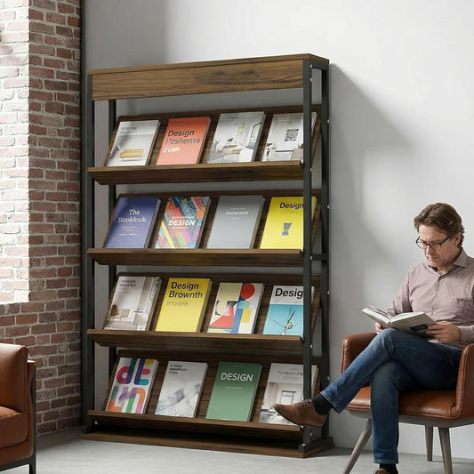 Industrial Magazine Rack,Floor-Standing Brochure Display Stand with Carbon Steel Frame, Wooden Literature Organizer for Office, Waiting Room, Retail Store(39.3"*11.8"*65", Natural Wood)