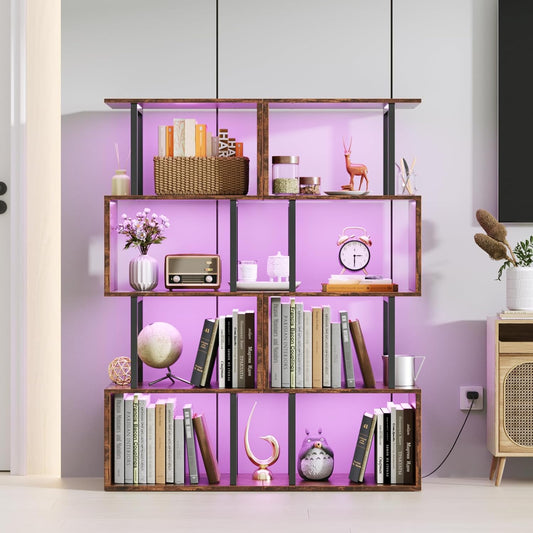 Furologee 5 Tier Geometric Bookshelf with LED Light, Small S-Shaped Bookcase, Industrial Display Standing Shelf, Metal Wooden Decorative Storage Shelves for Bedroom, Living Room, Office, Rustic Brown