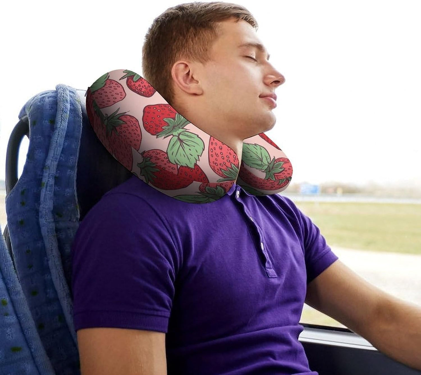 Strawberry Pattern Neck Pillow Memory Foam U Shaped Pillows Portable Pillows for Shoulder Travel Head Support Pillow with Concealed Zipper for Airplane Car Home Office